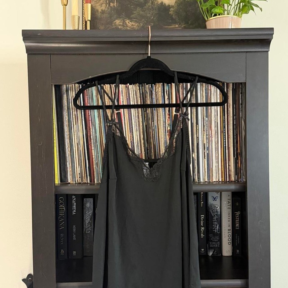 Cacique Black Lace Cami Top 14/16 Black V-Neck Bow Strappy Lingerie